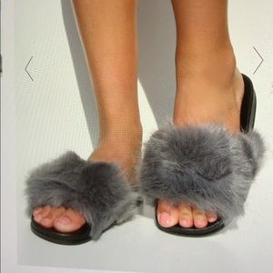 Grey Faux Fur Strap Slides